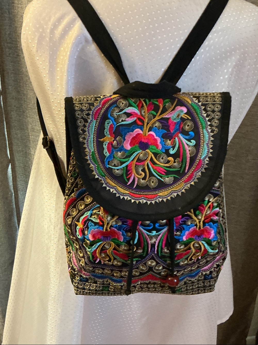 Crescent Black Backpack with Multicolor Floral Embroidery